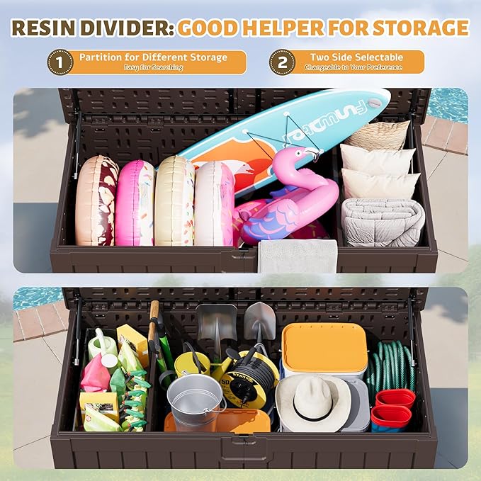Flamaker Resin Deck Box 250 Gallon, Waterproof Imitation-Wood Lockable Storage Box with Separator Plate Outdoor Indoor, Garden, Patio Furniture for Tools&Pool Accessories (Deep Brown)