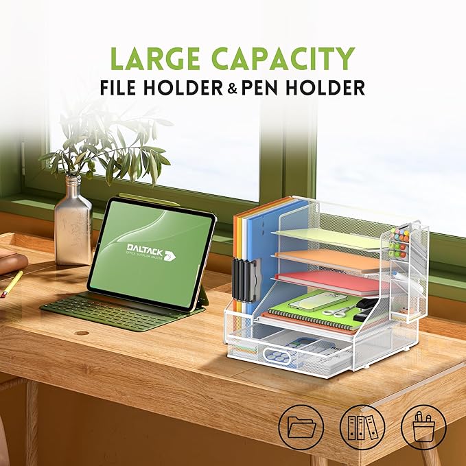 DALTACK Mesh Desk Organizer, 5-Tier Paper Letter Tray with File Holder & Pen Holder & Sliding Drawer, Desktop Organizer and Storage for Desk Accessories Office Supplies, White