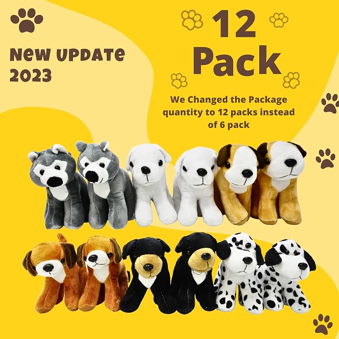 4E's Novelty Plush Dogs Animals (12 Pack) Assorted Stuffed Puppies - 5 Inches, Small Plushed Animals, 6 Designs - for Birthday Party Favors Gifts for Kids