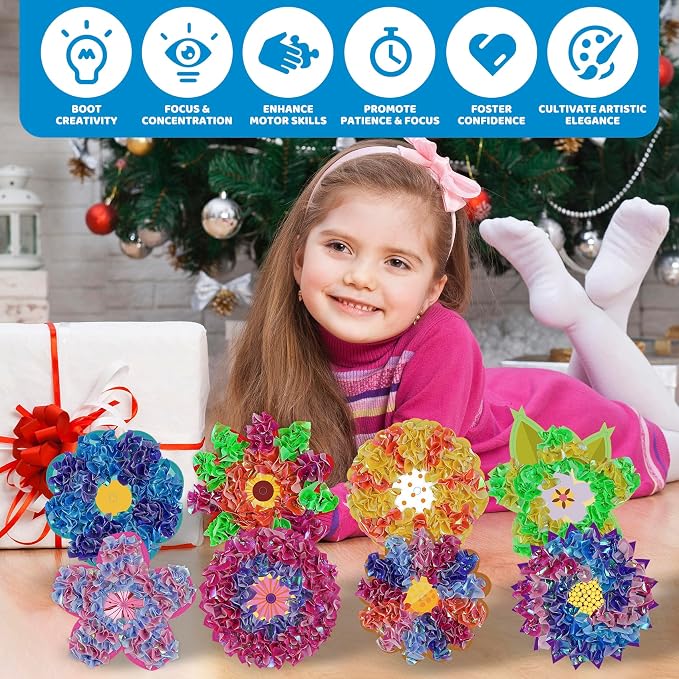 ATFUNSHOP 8 Packs Poke in Crafts Art Kits Flower Bouquets, Mess Free Kids' Paper Craft Kits Activity, 4 5 6 7 8 9 Years Old Girls Birthday Gifts