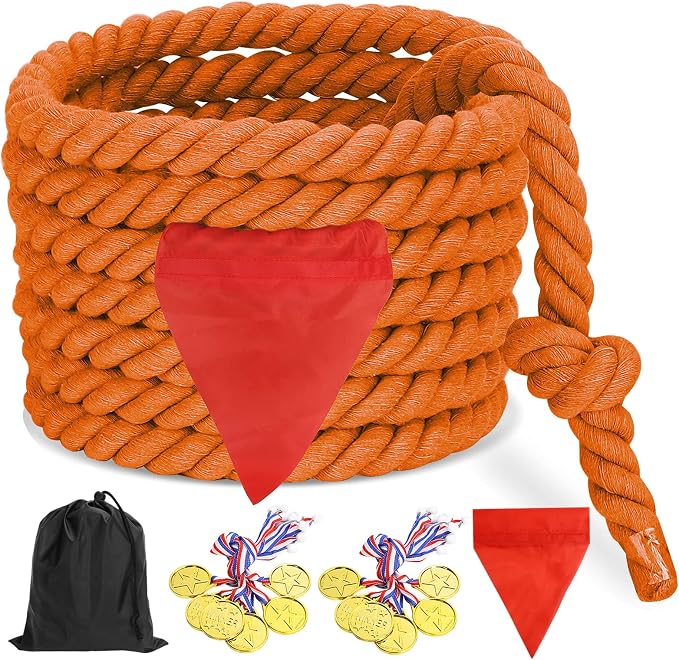 Tug of War Rope 60ft for Kids Adults, Outdoor Field Day Family Reunion Birthday Party Games, Outside Yard Backyard Lawn Camping Picnic Carnival Games for Team Building Activities, Orange