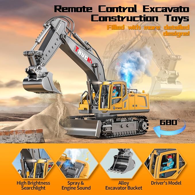 17CH Remote Control Excavator Construction Toy for Boys - 2400mAh RC Excavator Toy with Metal Shovel/Spray/Lights/Sounds, RC Digger Construction Vehicles Toys Excavator Toys Gift for Boys 8-12 Yr Old