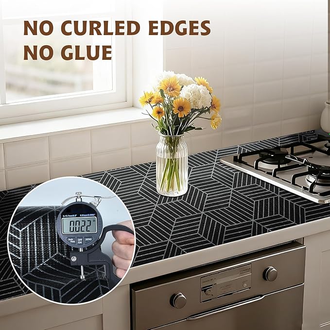 Shelf Liners for Kitchen Cabinets 17.3in x 20FT, Non Adhesive Cabinet Liner Strong Non-Slip Black and Silver Geometric Drawer Liner, Easy to Clean for Cabinet with Knife and Tape Measure