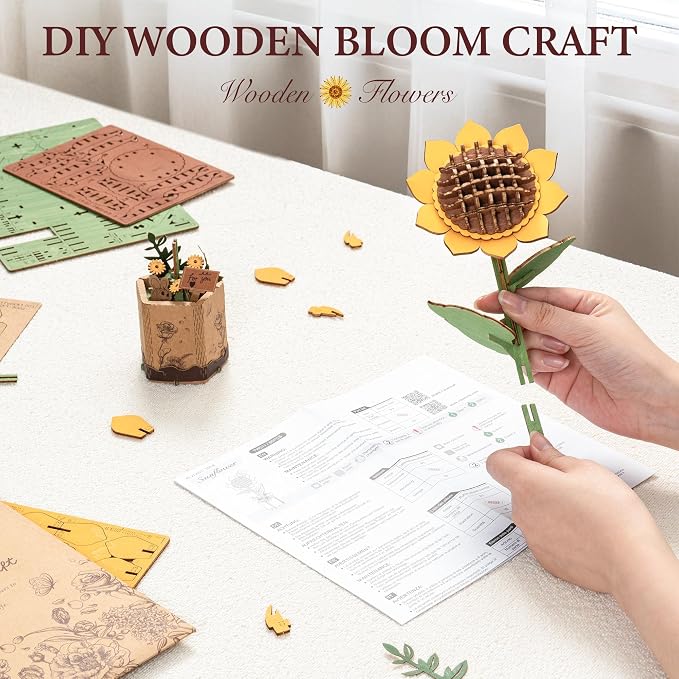 ROBOTIME Sunflower 3D Wooden Puzzle for Adults - DIY Crafts Building Kit, Relaxing Stress Relief Home Decor Art Model, Unique Birthday Gift for Mom, Women, Her