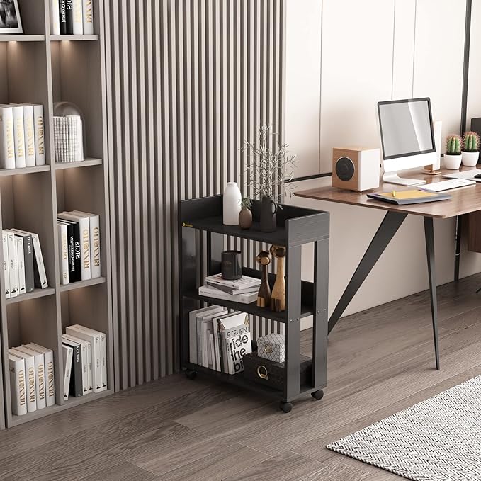 ALISENED Small Bookshelf and Bookcase, 3 Tier Wood Nightstand with Wheels, Modern Bedside End Table with Storage Rack for Bedroom, Library, Living Room, Home, Office Cart, Black