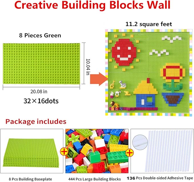 Build On Wall or Table - Customize Building Block Wall, 8 Pack (10" x 20") Self Adhesive Building Base Plate, 440 Pcs Compatible with All Major Brand Brick - Fastest Easiest DIY Fun Wall and Desk
