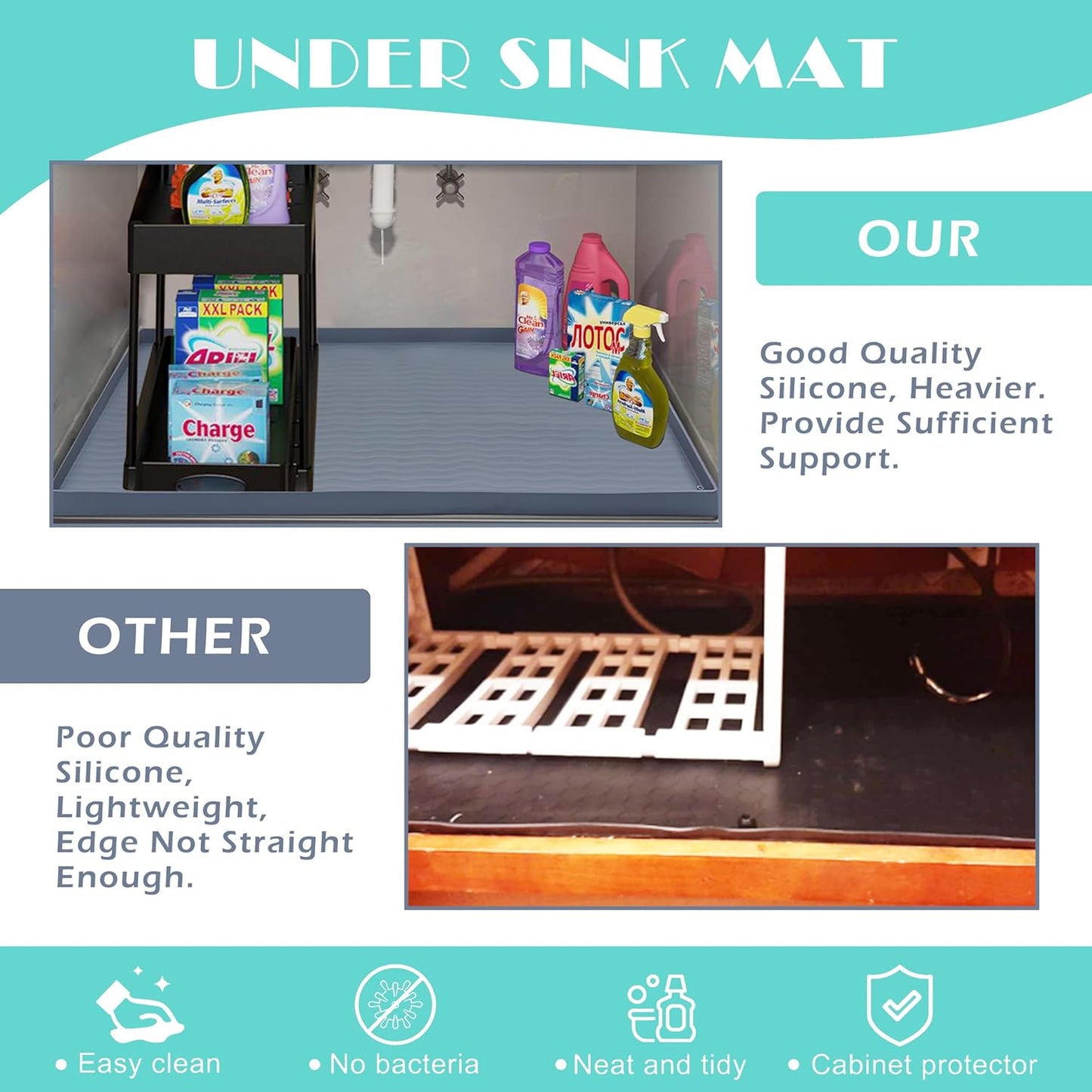 URMONA Waterproof Silicone Under Sink Mat 28'' x 22'' Shelf Liner for Kitchen and Bathroom, Cabinet and Counter Protector, Storage and Organizers, Litter Mat, Pet Cat Puppy Essentials(Beige)