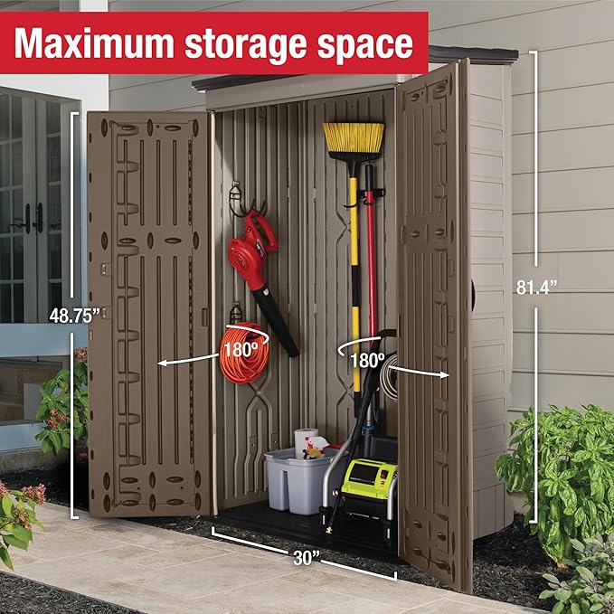 Rubbermaid Vertical Resin Outdoor Storage Shed With Floor (4 x 2.5 Ft) Weather Resistant Brown Organization for Home/Backyard/Garden Tools/Porch/Patio Cushions/Pool Chemicals/Toys