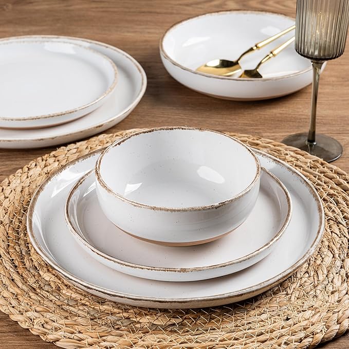 AmorArc 24 Pieces Ceramic Dinnerware Sets for 6, Handpainted Plates and Bowls Set with Rustic Terracotta Underside, Scratch Resistant Stoneware Dishes Set, Dishwasher & Microwave Safe, White