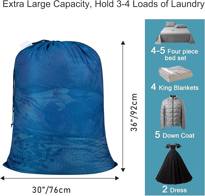 Polecasa Heavy Duty Extra Large Mesh Laundry Bags with ID Tag and Locking Drawstring Closure - 2 Pack, 30 x 36 inches - Laundry Hamper Liner, Washable Laundry Bag for Travel, Sports, Dorms (Blue)