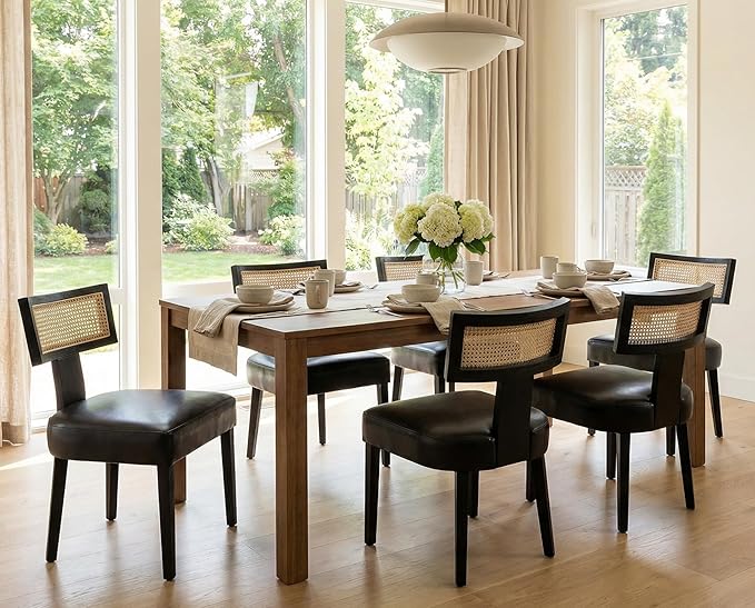 Rattan Dining Chairs Set of 4, Modern PU Leather Upholstered Kitchen Chairs, Wooden Dining Room Chair Farmhouse Dinner Chair, Black