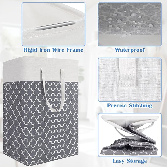 BlissTotes 3-Pack Laundry Basket, Freestanding＆Waterproof Laundry Hamper, Collapsible Tall Clothes Hamper with Easy Carry Handles for Clothes, Towels in the Family and Dorm,Clover Grey,100L