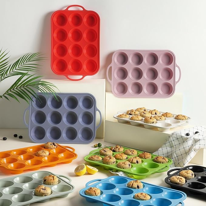 Socisen 2 Packs 12 Cups Silicone Muffin Pan with Metal Reinforced Frame Regular Size Cupcake Pan Tray Egg Bites Silicone Circle Cookie Molds Muffin Tin Bread Loaf Pans for Homemade Reusable Tart Pans