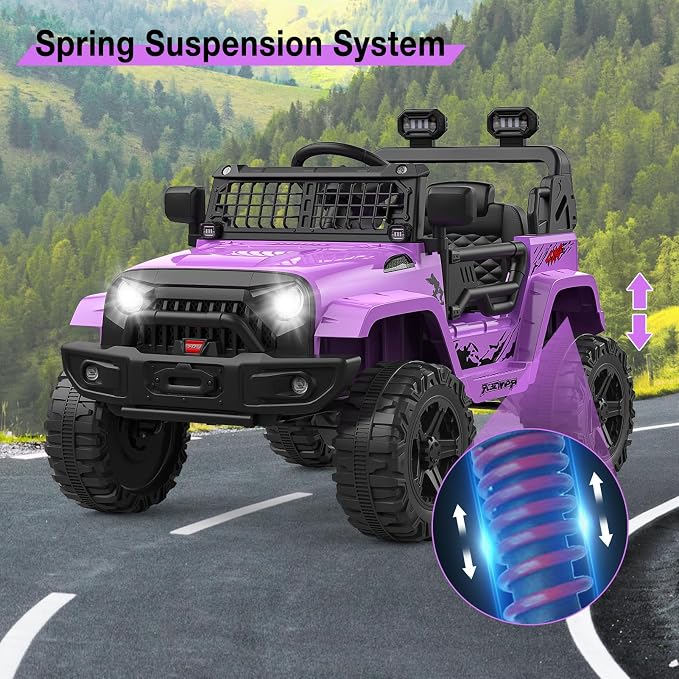 Hetoy 12V Ride on Toys with Parent Remote Control Toddler Electric Vehicle with Spring Suspension, LED Lights, Bluetooth, Music Player, 3 Speeds Ride on Car Truck for Kids Age 3-8 (Purple)