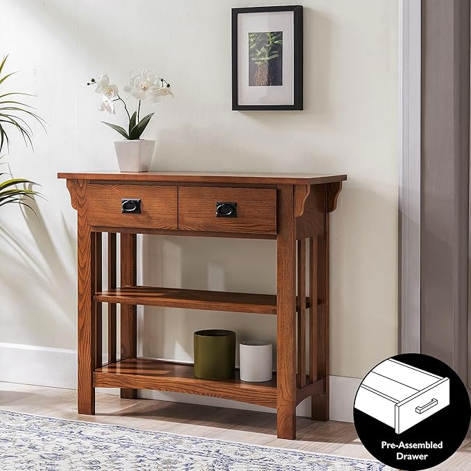 Leick Home Mission Impeccable Bookshelf, Solid Wood, 2 Drawers, 2 Shelves, Slatted Sides, Blackened Hardware, Easy Assembly, Russet Brown, 12 in D x 34 in W x 30 in H, Item 8261