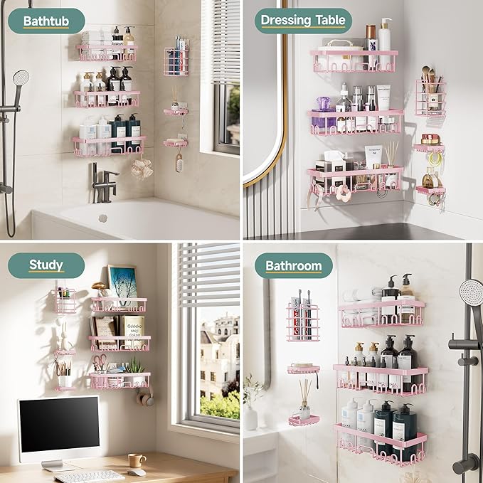 Veken Large Capacity Shower Caddy 6-Pack, No Drilling & Rustproof, Adhesive Shower Shelves with Soap Holder, Bathroom Organizers and Storage, Wall-Mounted Kitchen & Home Decor, Pink