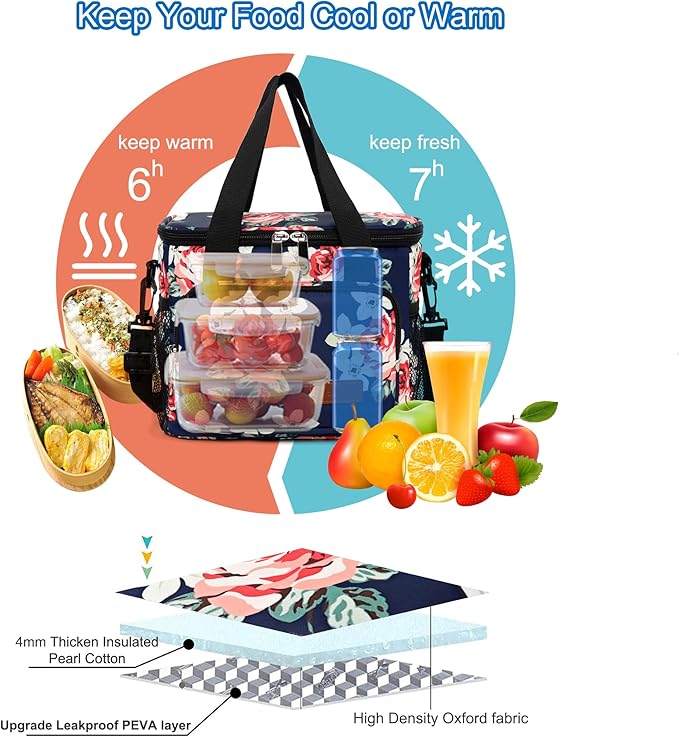 Femuar Lunch Bags for Women/Men, Insulated Lunch Bag for Work Office Picnic - Large Lunch Cooler Bag Leakproof Lunch Box with Adjustable Shoulder Strap for Adults - Floral