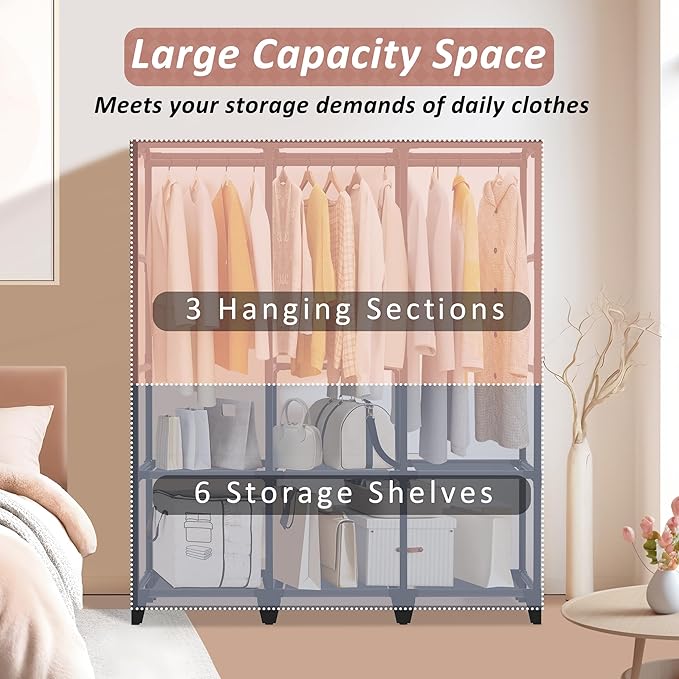 Wardrobe Closet, Quick and Easy Assembly, Gray Large Capacity Portable Closet with 3 Hanging Rods 6 Storage Shelves and 8 Side Pockets, Clothes Rack with Cover, for Bedroom and Living Room