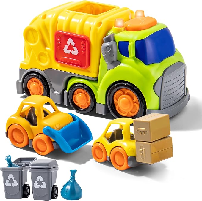 P&C 7.5" Toddlers Garbage Truck Toys for Ages 2-4, City Vehicle Trash Truck Car Set with Sounds and Lights for Kids 18M+, 2, 3, 4 Year Old, Ideal Birthday Christmas Gifts for Boys Girls