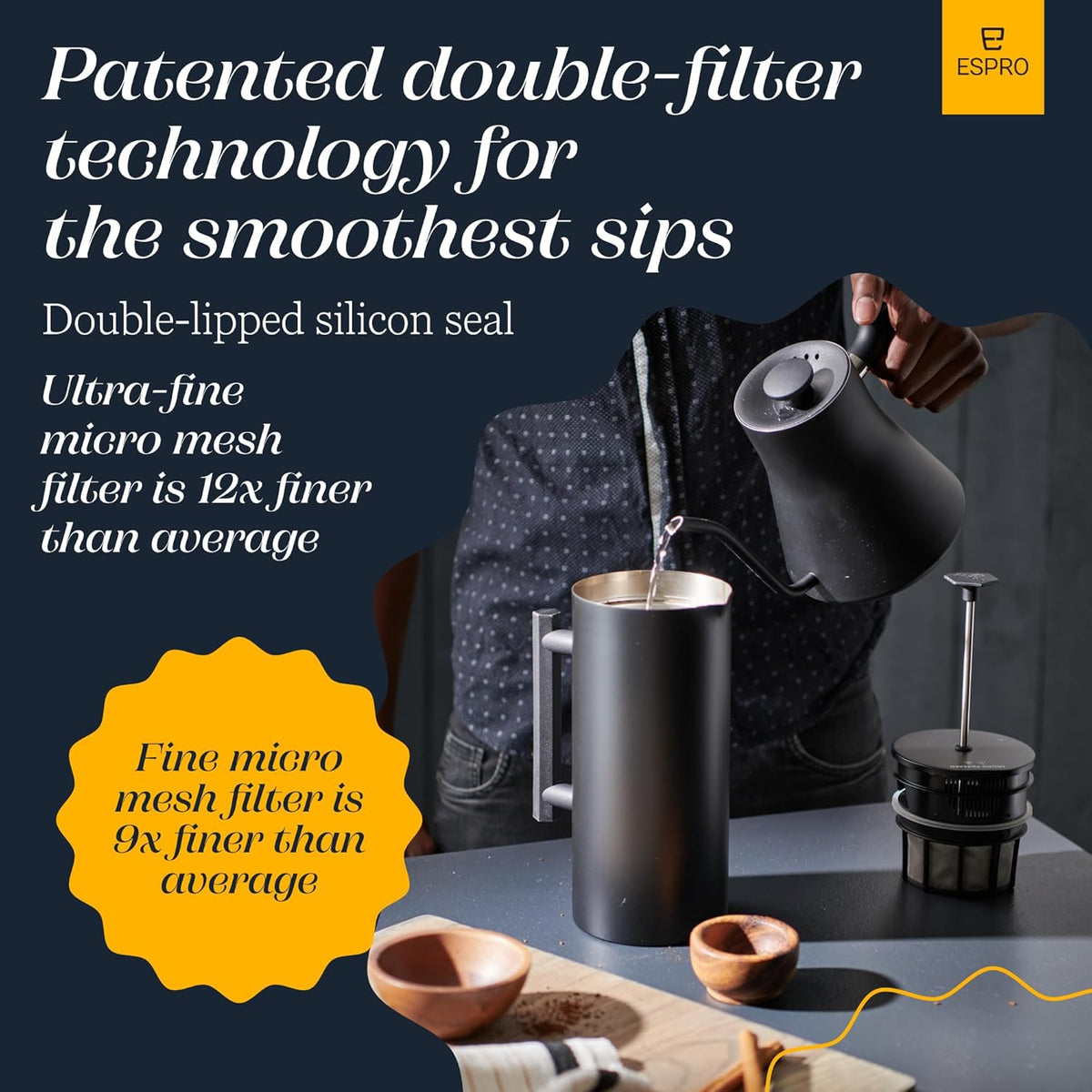 ESPRO P6 32 Ounces French Press Coffee Maker, Double Walled Stainless Steel Insulated, Matte Black