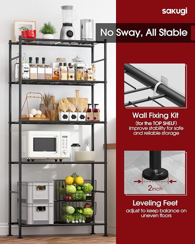 Storage Shelves - 5 Tier Shelf Organizer, Heavy Duty Garage Shelving Unit with Leveling Feet, Stable Metal Shelves Organizer for Pantry, Kitchen and Closet, 33.0" W x 12.6" D x 72.0" H, Black