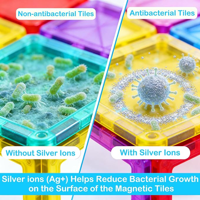Antibacterial Magnetic Tiles 212PCS, STEM Toy for Kids Aged 3+ | 4 Cars, Bacteria resistant, Safer play, EPA-registered, Fits other brands, ABS plastic, Daycare, Montessori, Classroom gift
