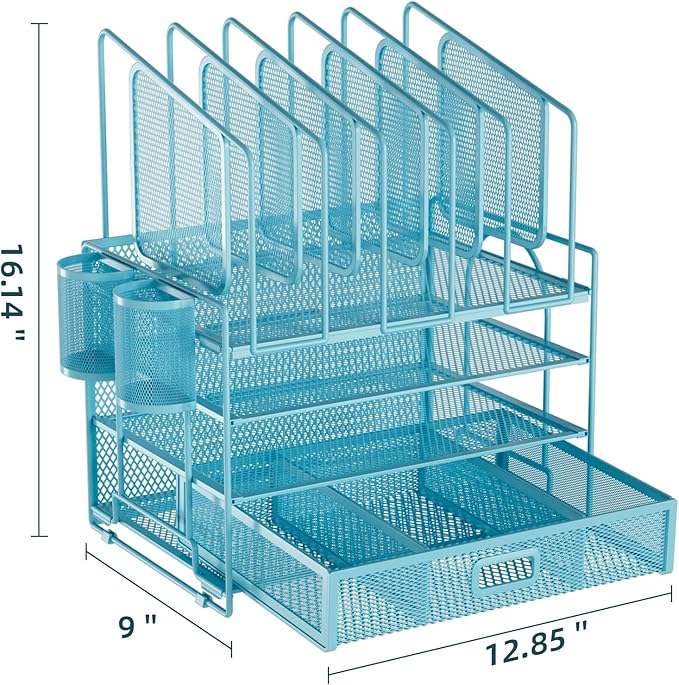 Marbrasse Desk Organizers, 4-Tier Mesh Desk File Organizer with 5 Vertical File Holders and 2 Pen Holders, Multifunction Desktop Organizer,Desk Organizers and Accessories for Home Office (Blue)