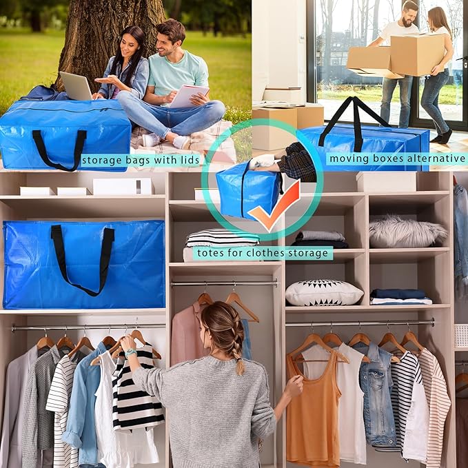 10 Pack Heavy Duty Extra Large Moving Bags Storage Tote - Strong Handles& Backpack Straps - Space Saving Storage Bags Alternative to Moving Boxes and Bins,Compatible with Ikea Frakta Cart, Blue