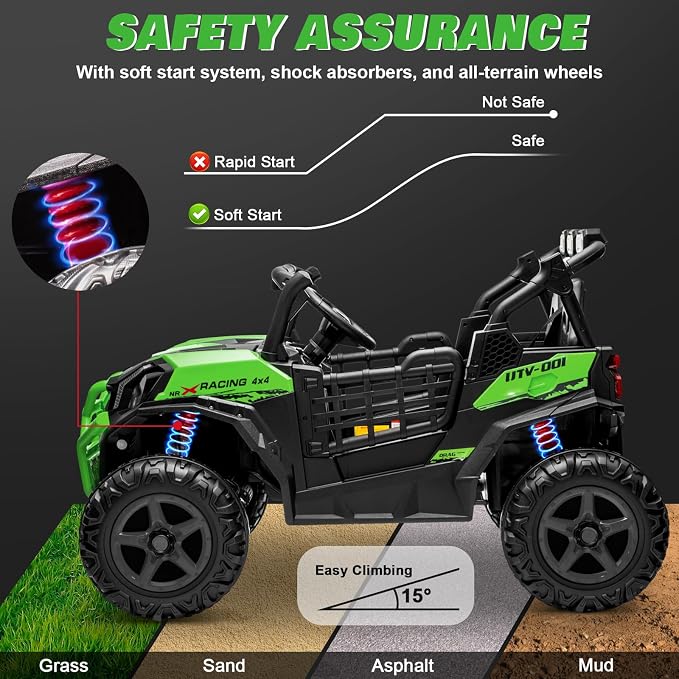 24V 2 Seater Ride on Car for Kids, MOEYURO 800W Powered UTV Toy, 5MPH Large Side by Side Electric Car w/Remote, Bluetooth, LED Light, 3 Speeds, Music, Spring Suspension, Storage for 3-8 Gift, Green
