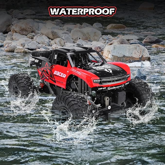 RC Trucks 4x4 Offroad Waterproof - 1:12 Scale Large Amphibious Remote Control Car, Dual Motors Crawler Vehicle, Monster Truck Toys with 2 Rechargeable Batteries, Best Gift for Kids Adults