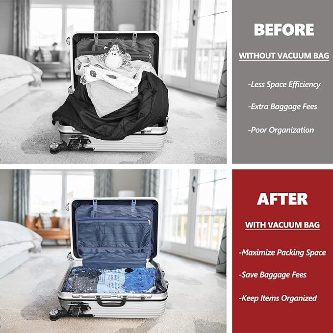 SUOCO Travel Vacuum Bags for Luggage with Portable Electric Pump, 8 Large Packing Seal Bags for Clothing Suitcase Backpack, Space Saver Compression Clothes Storage Bags