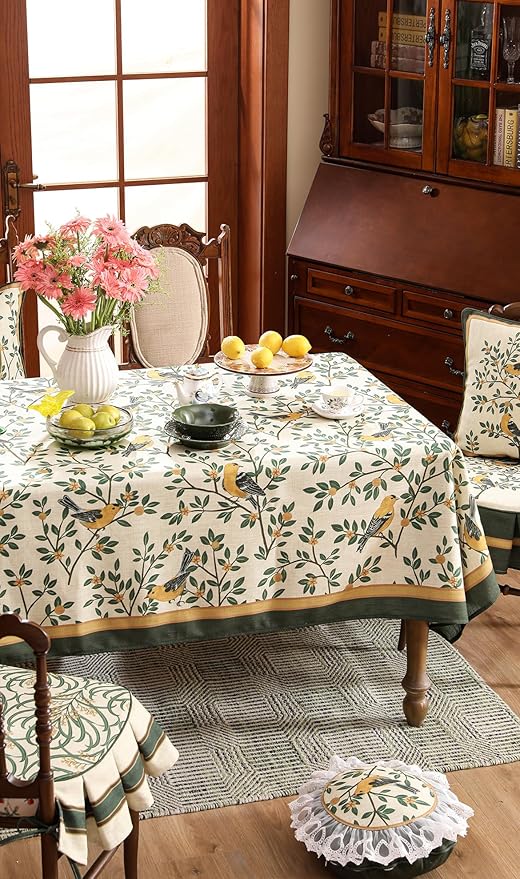 patdrea Designer French Table Cloth for Rectangle Table,Vintage Green Linen Birds and Leaves Pattern Tablecloths,Dacorative Cover Kitchen Dining,Christmas,Thanksgiving,Party,63"x102"-Warbler