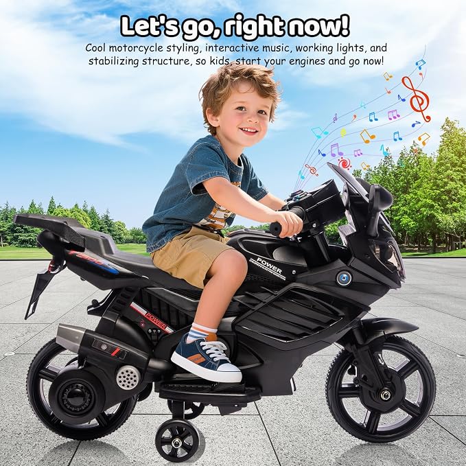 GarveeLife 6V Kids Motorcycle, Electric Ride On Car Toy with Training Wheels, Working Headlight, Horn & Music, Battery Powered Ride On Motorcycle Toy for Toddler Kids Boys Girls Ages 3-5, Black