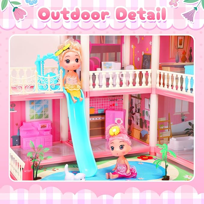 AmiDear Dollhouse with 4-Story 11 Rooms, Dream Gift Princess Doll House Playset with Furniture Pool Slide, Pink Toddler Toy House for 3 4 5 6 7 8 9 10 Year Old Girls