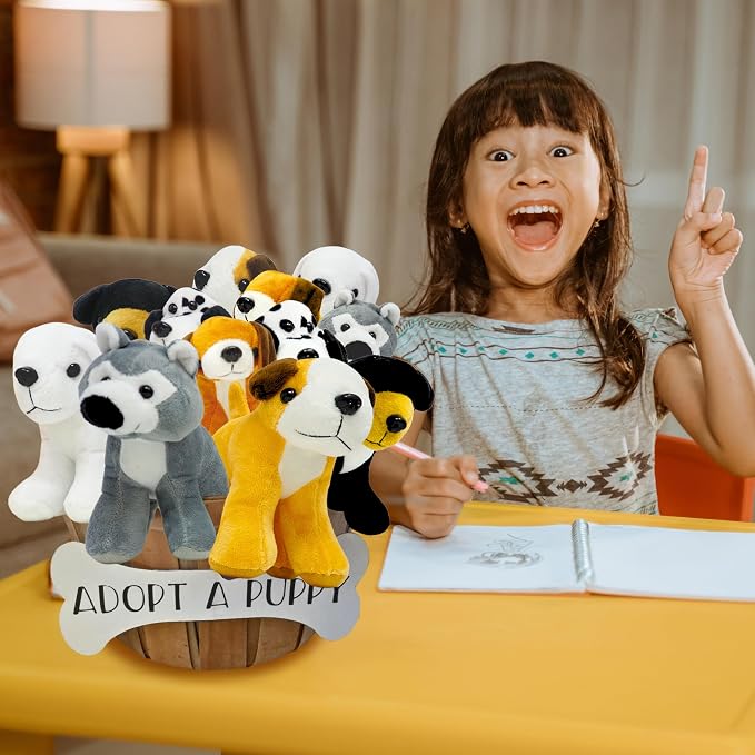 4E's Novelty Plush Dogs Animals (12 Pack) Assorted Stuffed Puppies - 5 Inches, Small Plushed Animals, 6 Designs - for Birthday Party Favors Gifts for Kids