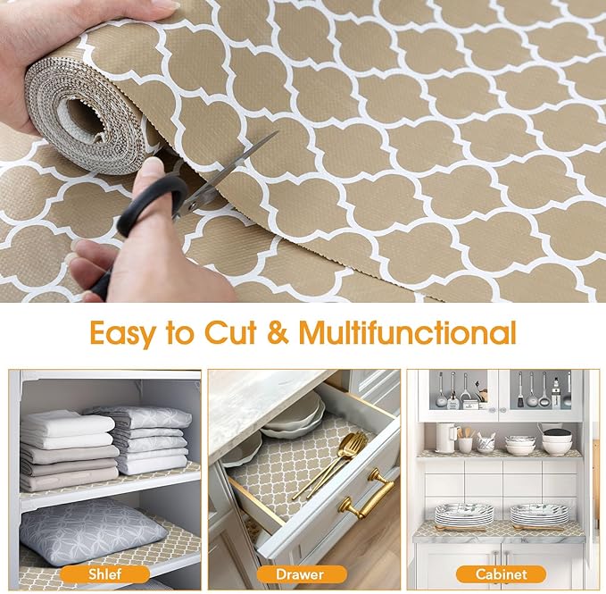 Shelf and Drawer Liner for Kitchen Cabinets Non-Adhesive, Strong Grip Non-Slip Thickened Cabinet Liners for Shelves, Waterproof Mats for Dresser Cupboard, Beige, 12 in x 30 Feet