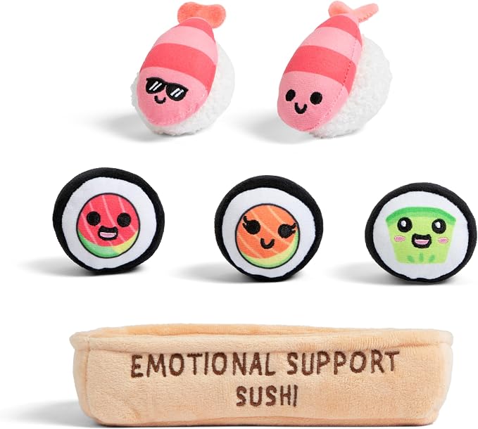 Emotional Support Sushi by Relatable - Cuddly Stuffed Animals and Toys, Squishy Toys and Plushies, Great Gift Ideas for Loved Ones of All Ages - Includes 5 Plushies with Carrying Basket
