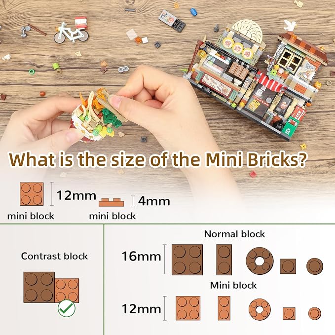 Street View Noodle Shop Mini Building Blocks, MOC Creative Building Toys Model Set for Girls 7-9 Years Old, 870 PCS Simulation Architecture Construction Toy, Gift Idea for Kids Adults