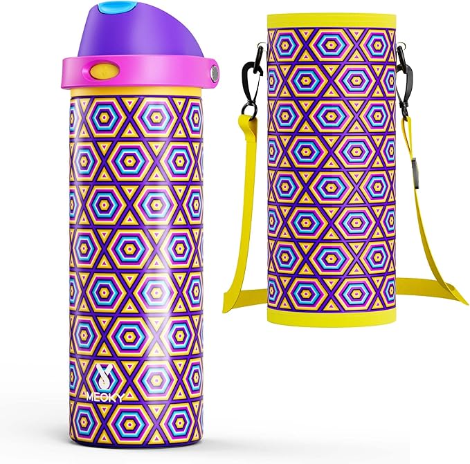 24 oz Insulated Water Bottle for Women: Meoky Stainless Steel Water Bottle with Holder and Shoulder Strap - Leak Proof, Cold for 24 Hours, Protective Silicone Base, BPA-Free for Travel Gym, Neon Beat
