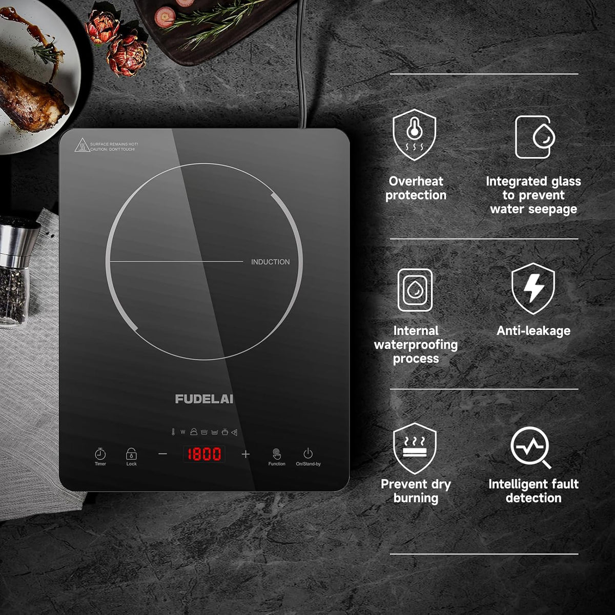 Portable Induction Cooktop 1800W Countertop Burner with 20 Temp/Power Settings, Child Lock & Turbo Cooling - 6.9" Sensor Coil, Hot Pot Mode, RV/Camping Safe Cooker for Dorm RV Kitchen (Black)