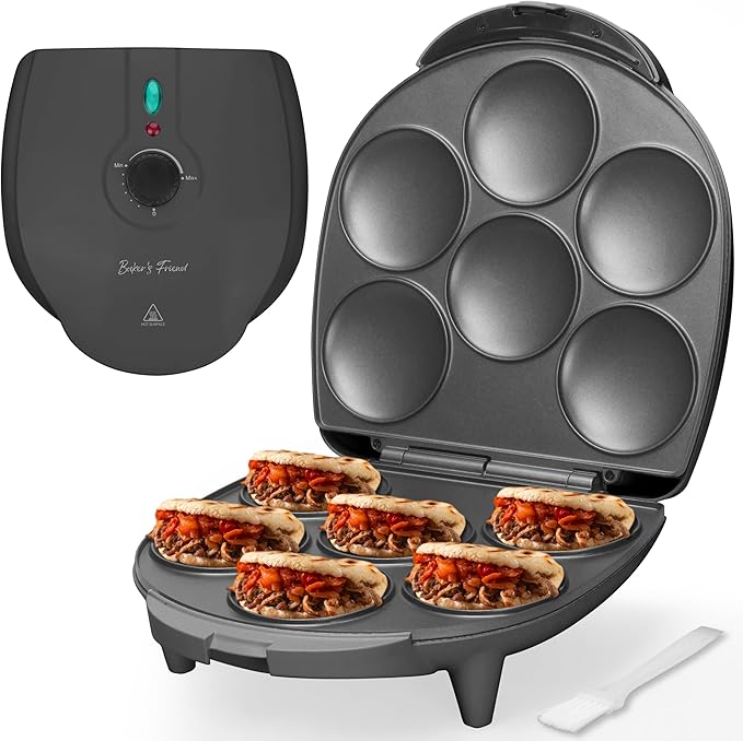 Baker's Friend Electric Arepas Maker with Browning Control, Mini Pancakes Maker, Pancake Maker Pan, Tostiarepa, Makes Arepas, Corn Patties, Mini Pancakes, Breakfast Sandwiches, Fried Eggs, Graphite