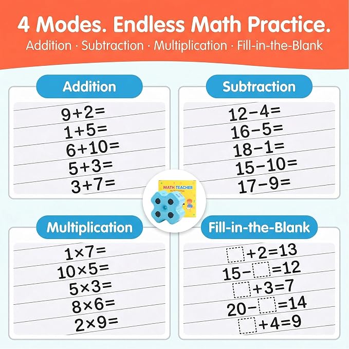 GoldenEgg Math Teacher 4-in-1 Math Roller Stamp, Addition, Subtraction, Multiplication & Fill-in-the-Blank Practice Tool for Kids, Classroom & Home Use (Pink)