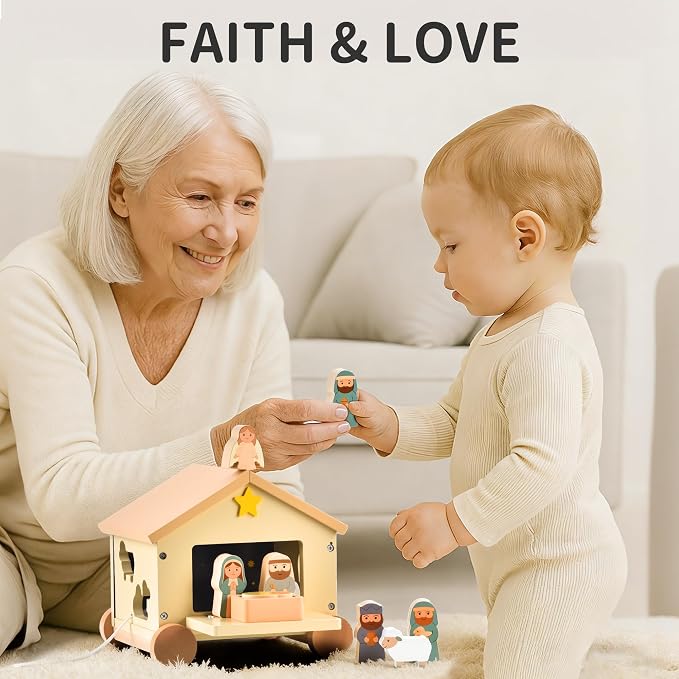 Wooden Nativity Set Montessori Toys for 1 Year Old - Baptism Gifts for Boys Girls - Religious Christening Gift - Bible Toys for Toddlers 1-3 House on Wheels Shape Sorter
