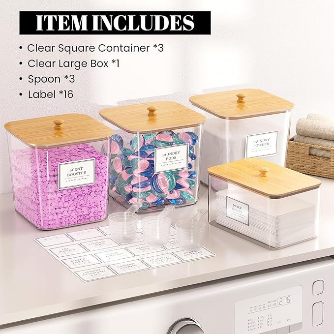 Laundry Pods Storage Container, Clear Laundry Room Organization and Storage ,Detergent Powder Container,with Wooden Lids & Labels, 3+1 Pack