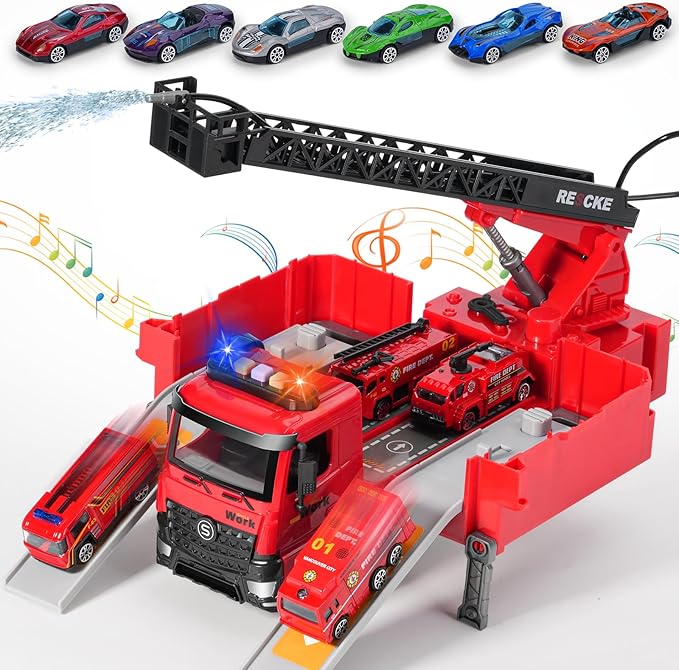 Toy Fire Truck Toddler Rescue Firetruck - Fire Engine Toy with Water Pump STEM Education Lights & Sounds Transformer Ejector Truck Car Race Track Kids Ages 3-5 6 7 8 Year Old Christmas Birthday Gift