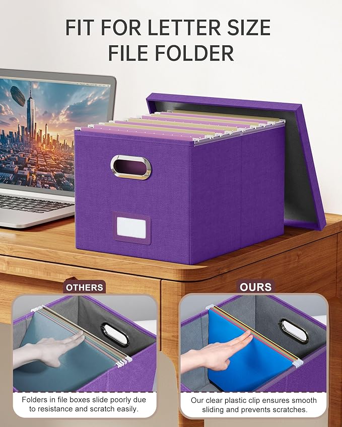 2 Pack File Storage Organizer, Filing Box, Portable File Box with Lid, Fit for Letter/Legal File Folder Storage, Document Organizer, Purple