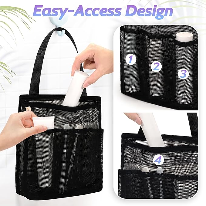 Portable Mesh Shower Caddy, Gym Travel Camp Dorm Room Essentials for College Student Boy Girl, Bathroom Shower Bag - Black