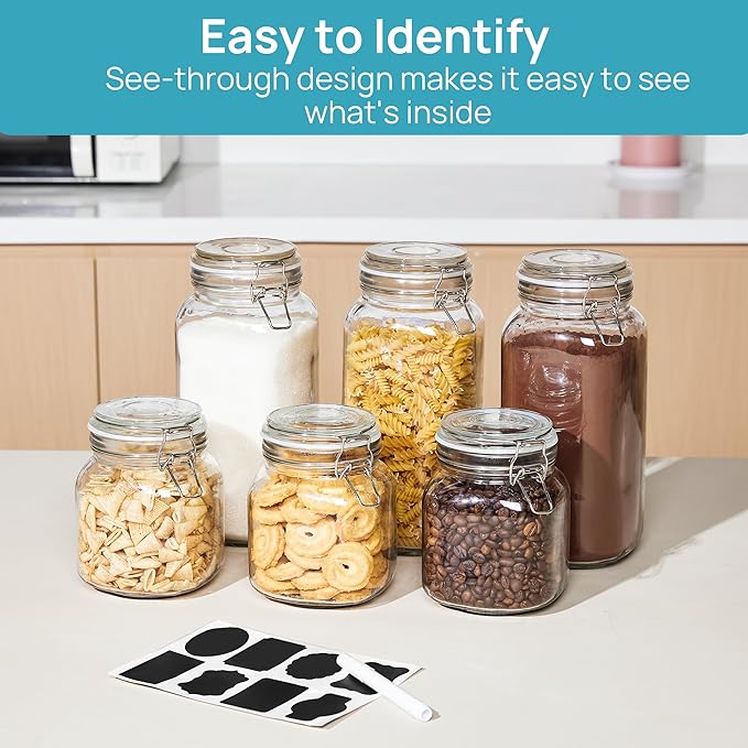Vtopmart 34oz Glass Food Storage Jars with Airtight Clamp Lids, 3 Pack Kitchen Canisters for Flour, Cereal, Coffee, Pasta and Canning, Square Mason Jar with 8 Chalkboard Labels