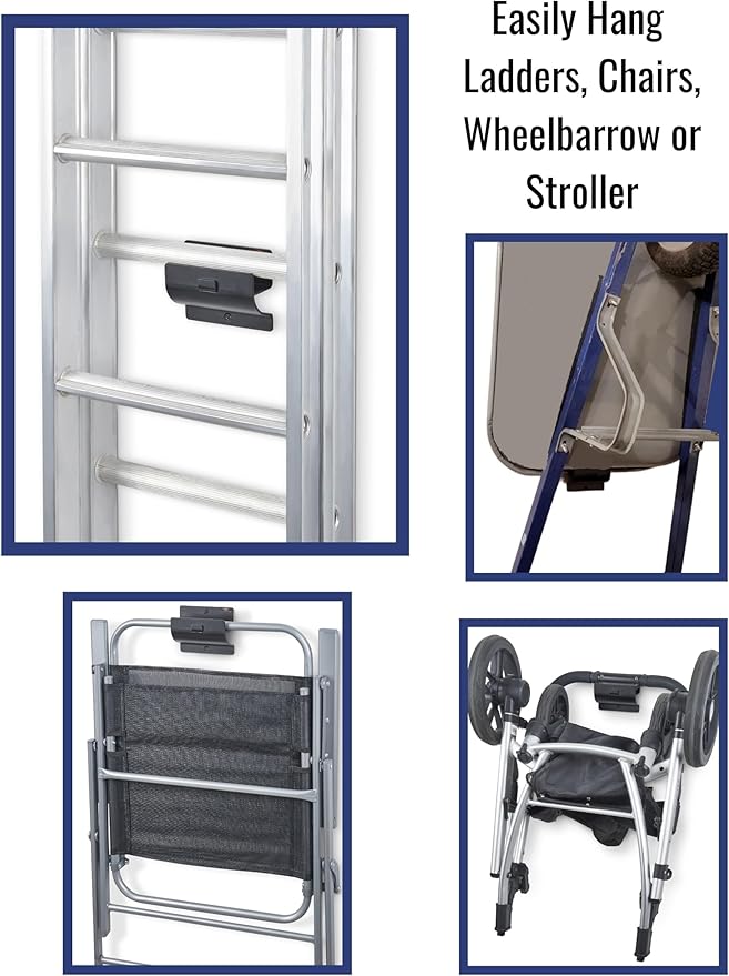 Ladder Hook - Black Heavy Duty Ladder Brackets for Garage Wall - Utility Hook for Wall Mount Ladder Storage, Folding Chair - Tool Holder to Organize Garage and Shed