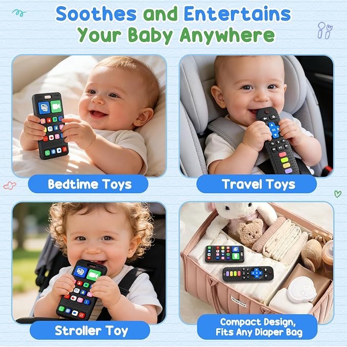 2 Pack Baby Teething Toys 3-6 Months, Silicone Phone and Remote Teether Toys for Baby 6-12-18 Months, Sensory Chew Toys, BPA Free Infant Teething Relief for Boys Girls, Baby Birthday Shower Gifts